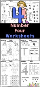 Work on counting and tracing number 4 with these Free printables! These number 4 worksheets inlude 10 different ways for preschoolers and kinderagrtners to practice counting to 4, tracing the number four, and identifying numeral 4s. Simply print the tracing number 4 worksheets and you are ready to play and learn with no-prep preschool math worksheets.