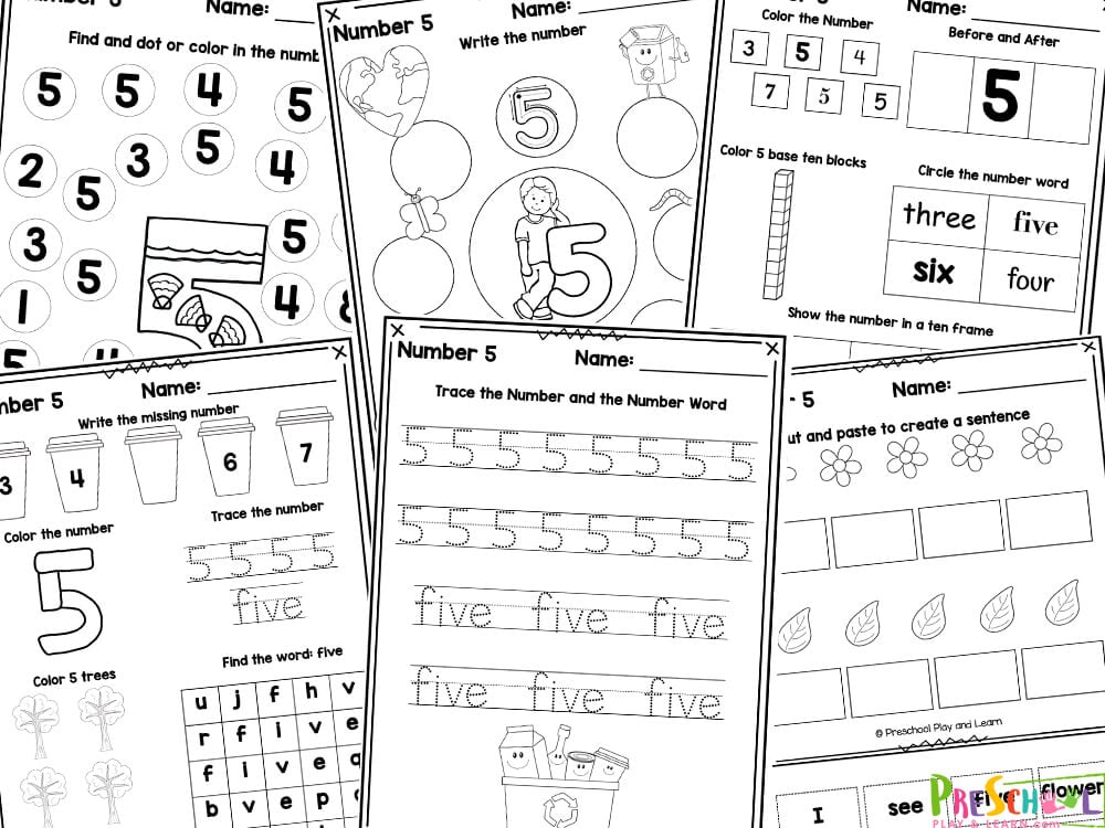 Young children will love these super fun and cute number 5 worksheets for preschool to complete. Children will practice counting and writing the number five with these free preschool worksheets. Whether you are a parent, teacher, or homeschooler – you will love these free number themed writing printables. These free Number Five themed pages come in black and white only, and can be laminated after your child has traced the numbers and made into a fun book to look back on. You and your students, will love these no prep pages for kids of all ages from kindergarten, first grade, and more!