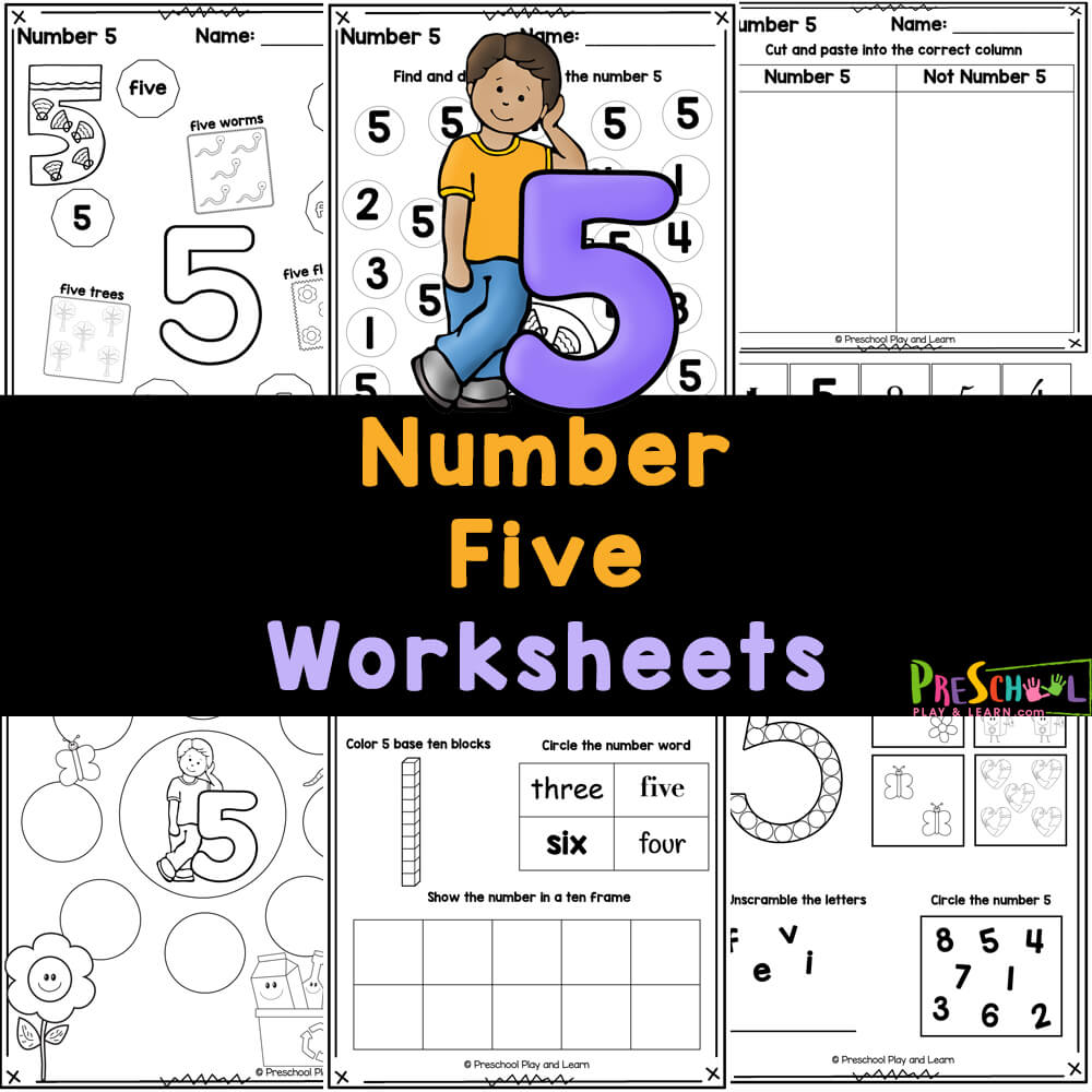 No-prep, FREE printable number 5 worksheets are perfect for preschoolers practicing counting, recognizing, and tracing number five.