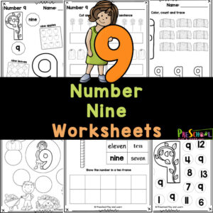 Grab these handy, Free printable number 9 worksheets to practice tracing, counting, writing, and recognizing nine with preschoolers!