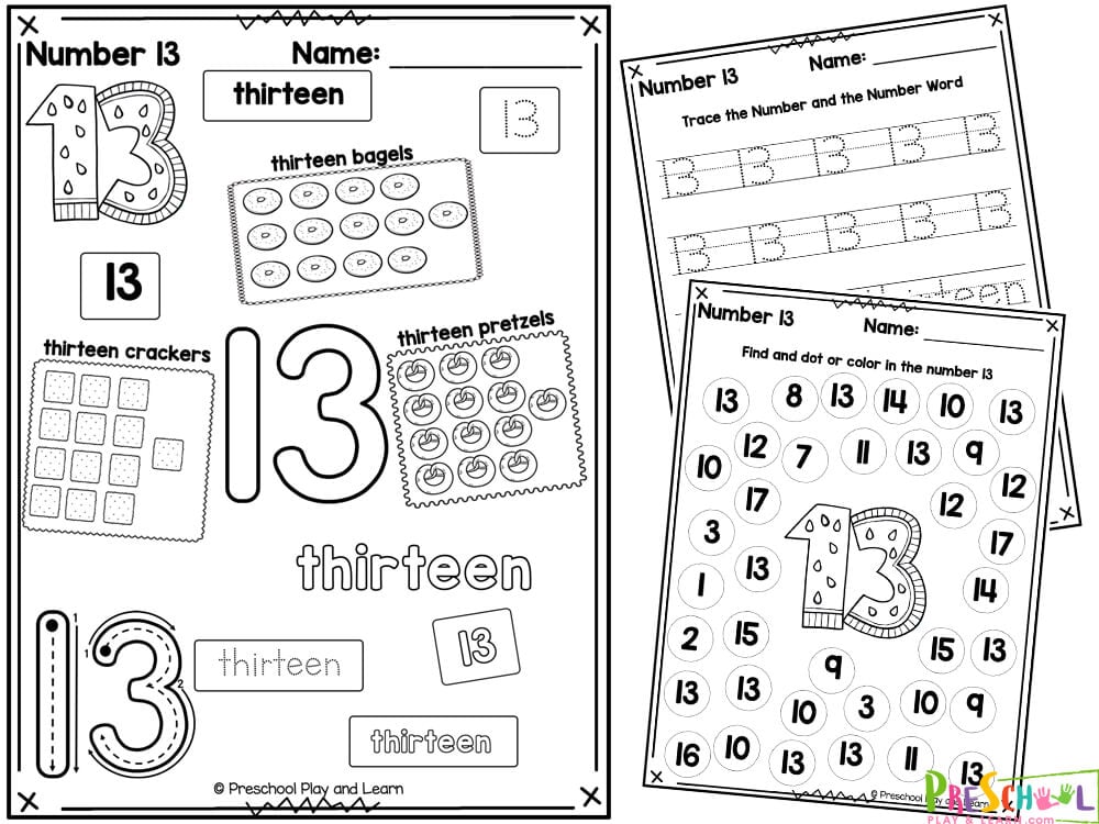 Number 13 worksheet page - dab the numeral, count and color, circle the number, unscramble the number word 13 Worksheet - Color the numbers, what comes befoer and after, color the base 10 block, circle the number 13s Number 13 worksheet page for kindergarten - what comes before and after, trace the 13's, count and color, thirteen word search