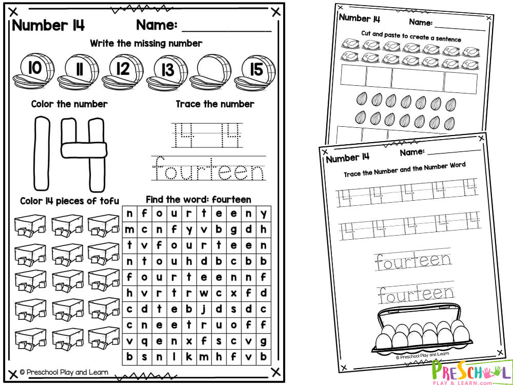 Write number fourteen Number 14 worksheet page - dab the numeral, count and color, circle the number, unscramble the number word 14 Worksheet - Color the numbers, what comes befoer and after, color the base 10 block, circle the number 14s Number 14 worksheet page for kindergarten - what comes before and after, trace the 14's, count and color, thirteen word search