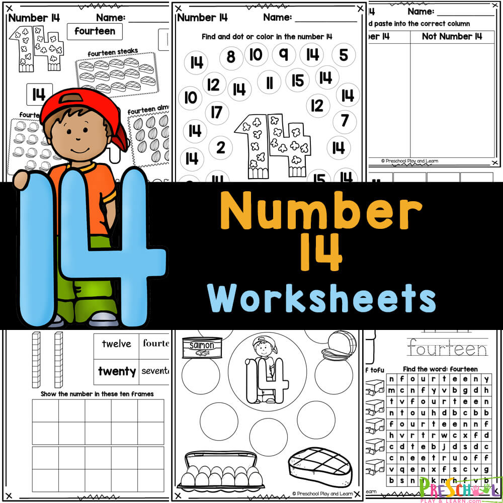 Make practicing counting and writing numbers with these free printable number 14 worksheets for preschool and kindergarten.