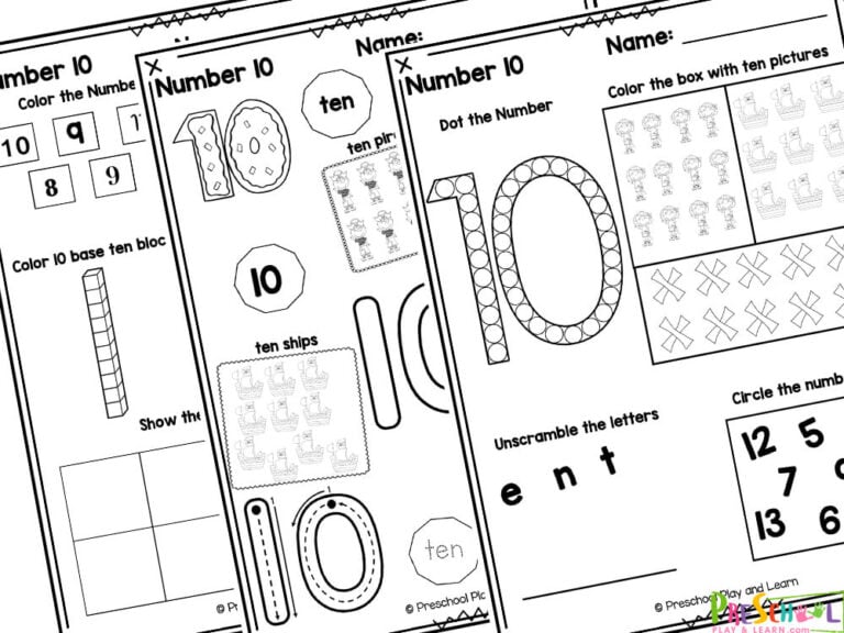 Identify Number 10 FREE Tracing Number 10 Preschool Math Worksheets