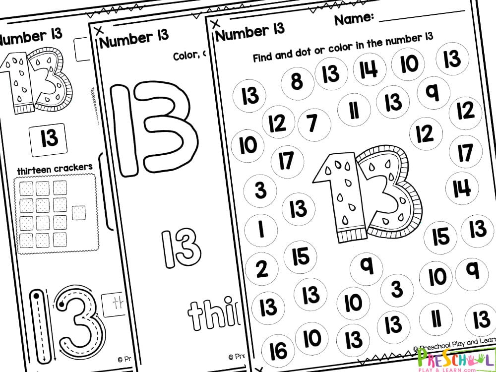 Cut and paste the number sentence with muffins and rice Cut and paste the different numbers in various fonts for number recognition activity Find and dab the 13 bubbles with bingo markers Write number thirteen
