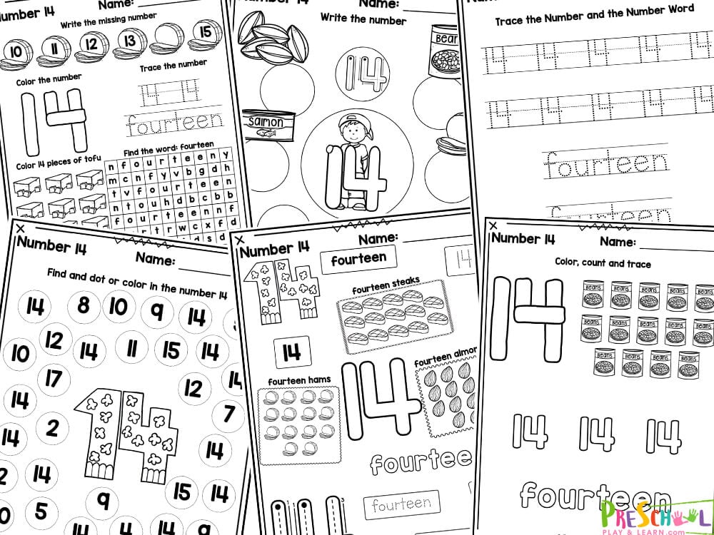 There are a total of 10 pages in this pack. Each page consists of multiple activities: Count 14 steak, ham, and almonds plus trace the number and numeral 14 Number 14 Count and Trace Mat with beans - fun to use with playdough Trace number 14 and fourteen over and over to create fluency and mastery