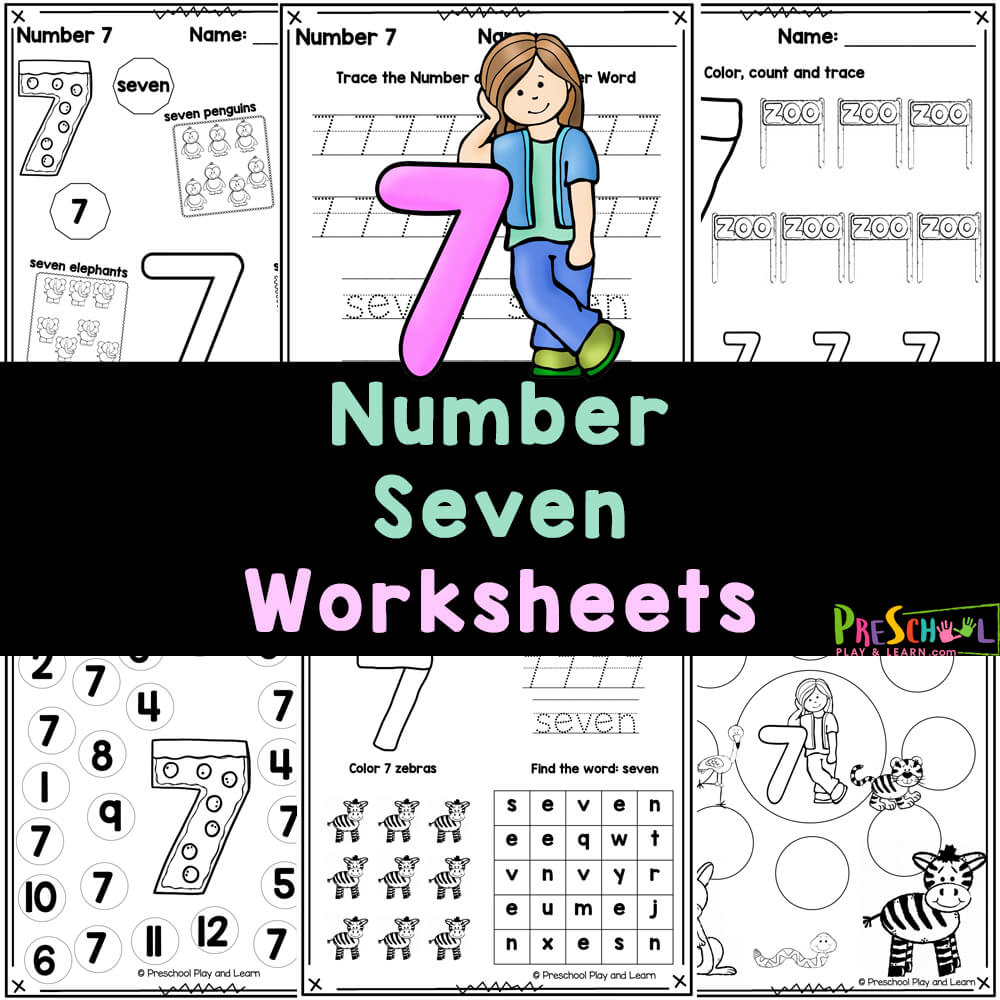 Print and Go with these no-pre FREE printable number 7 worksheets for tracing, counting, and writign seven with preschool students!