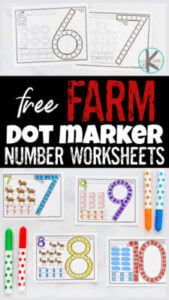 Kids will have fun learning to form their number with these fun count to 10 do-a-dot printable number worksheets. THese Bingo Dauber Number Worksheets are perfect for preschool, pre-k, and kindergarten age students practing counting 1-10. Children will count the farm animals, form numerals, and trace numbers with these free printable farm worksheets. Simply print dot marker printables numbers and you are ready to play and learn!