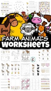 Old MacDonald Had a Farm E-I-E-I-O... and on his farm he practiced math and literacy with these adorable Farm Animals Worksheets! This HUGE set of over 90 pages of farm animals workeet page is filled with cute clipart of horse, dog, cow, pig, duck, turkey, goat, sheep, and more animals. These animals worksheets for kindergarten, toddler, preschool, pre-k, and first graders practices counting, tracing letters, addition, patterns, and so much more. Simply print the farm animals worksheets pdf and you are ready to play and learn with a farm theme!