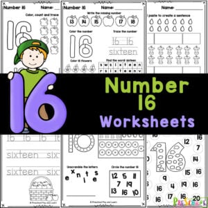 Super cute, apple themed FREE printable number 16 worksheets to practice tracing, writing, and counting to number sixteen with kids.