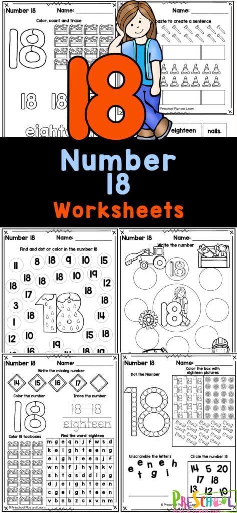 These super cute, free printable number 18 worksheets are a great way to start teaching preschool, pre-k, and kindergarten age kids about numbers! This pack of tracing number 18 pages are perfect for learning to recognize number fifteen, understanding it’s value, and writing it too! Simply print the number 18 tracing worksheet pages and you are ready for a no-prep math activity for young learners.