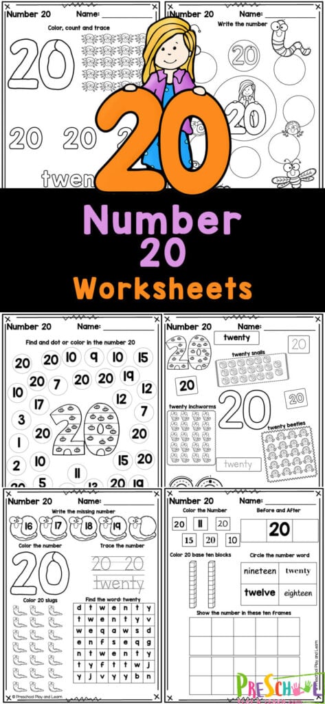 These super cute, free printable number 20 worksheets are a great way to start teaching preschool, pre-k, and kindergarten age kids about numbers! This pack of tracing number 20 pages are perfect for learning to recognize number fifteen, understanding it’s value, and writing it too! Simply print the counting to 20 worksheets pages and you are ready for a no-prep math activity for young learners.