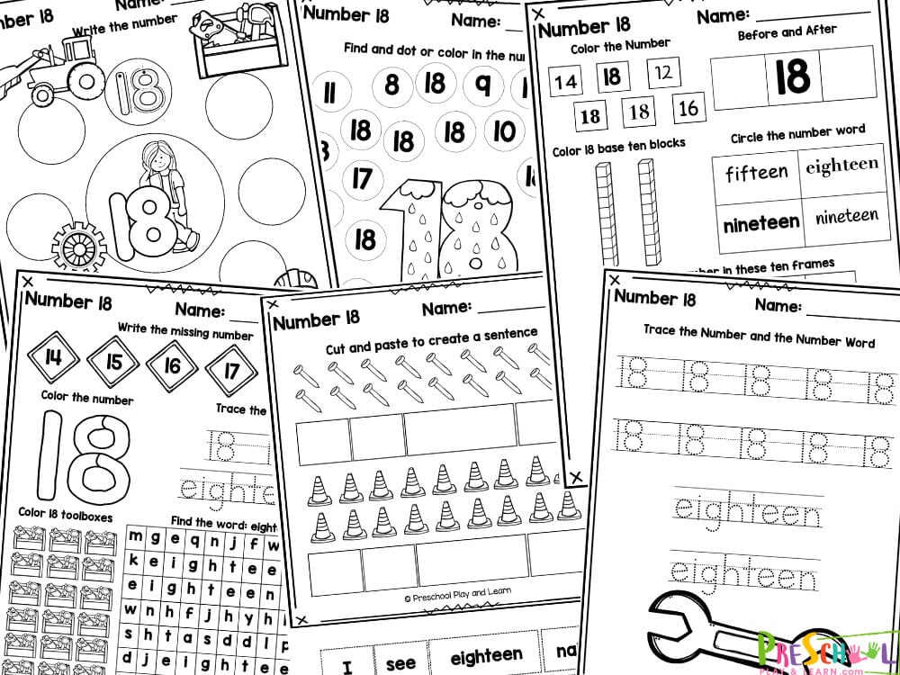Young children will love these super fun number 18 worksheets for preschool filled with no-prep tracing, counting,a nd writing number activities to complete. Whether you are a parent, teacher, or homeschooler – you will love these free number worksheets. These free number eighteen themed pages come in black and white only, and can be laminated after your child has traced the numbers and made into a fun book to look back on. You and your students, will love these no prep pre-k math worksheets for kids of all ages from preschoolers, kindergartners, grade 1, and more!
