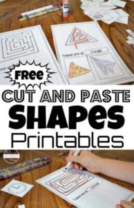 Learn shapes for kids with this free printable cutting shapes worksheets that children can turn into a book.  This no prep Cut and Paste Shapes activity is perfect for preschool, pre-k, kindergarten, and first grade students.  Print the cut and paste shapes printable pdf file and complete a shape maze, learn shape names, and glue 2 real world shape pictures to each free printable cut and paste shapes worksheets.  Or turn all the shape worksheets into a my book of shapes including squares, circles, triangles, ovals, hexagons, octagons, and rectangles.