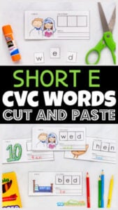 Help kids practice short e cvc words as students make a free printable cvc short e words. with short e vowels with this free printable cvc words booklet pdf that allows preschool, kindergarten, and 1st grade kids to practice sounding out and spelling 17 CVC words color, cut and paste, and writing. Simply print cvc words books pdf file with short e words and you are ready to improve reading and spelling skills!