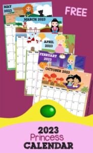 Who better than to help kids learn about calendars than princesses! Kids will love keeping track of upcoming holidays while learning about the days, months, and weeks of the year with this super cute, free printable Princess Calendar. This 2023 calendar printable pdf file template includes your child's favorite Disney princess such as Princess Tiana, Princess Jasmine, Queen Elsa, Princess Anna, Princess Rapunzel (Tangled) , Snow White, Cinderella, Belle, Mulan, Sleeping Beauty (Aurora), Merida, Pocahontas, and Ariel (Little Mermaid), and more! Print the pages and assemble your free calendar for  toddler, preschool, pre k, kindergarten, first grade, 2nd grade and more! Calendar updated annually!