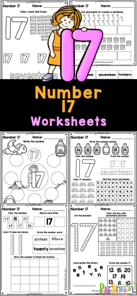 These super cute, free printable number 17 worksheets are a great way to start teaching preschool, pre-k, and kindergarten age kids about numbers! This pack of tracing number 17 pages are perfect for learning to recognize number fifteen, understanding it’s value, and writing it too! Simply print the number 17 tracing worksheet pages and you are ready for a no-prep math activity for young learners.