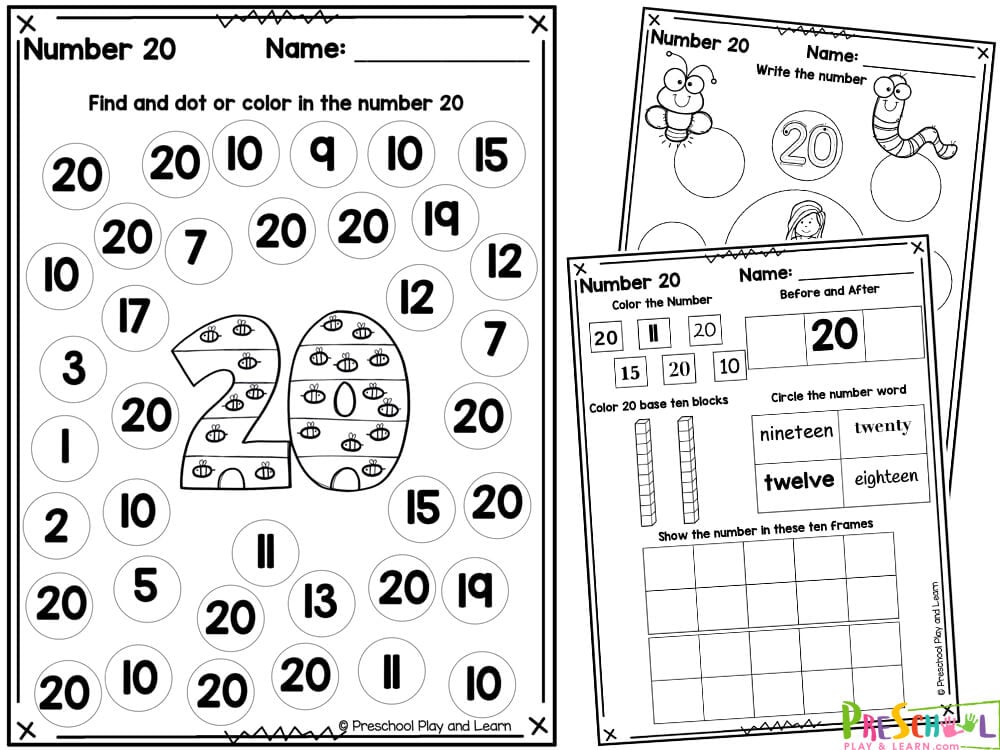 number 20 worksheets for preschool