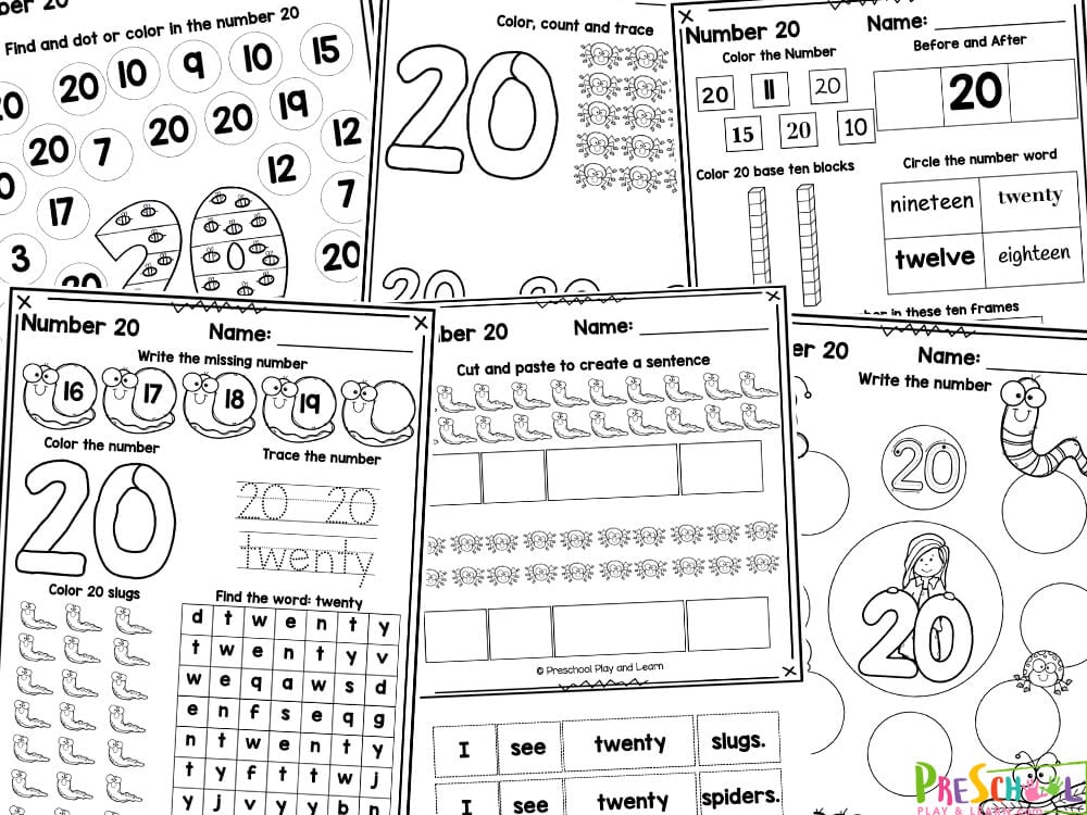 Young children will love these super fun number 20 worksheets for preschool filled with no-prep tracing, counting,a nd writing number activities to complete. Whether you are a parent, teacher, or homeschooler – you will love these free number worksheets. These free number twenty themed pages come in black and white only, and can be laminated after your child has traced the numbers and made into a fun book to look back on. You and your students, will love these no prep pre-k math worksheets for kids of all ages from preschoolers, kindergartners, grade 1, and more!