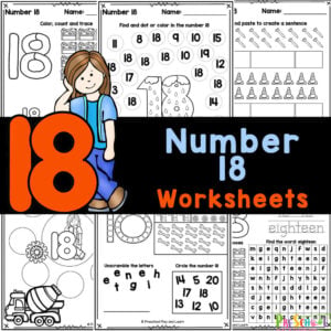 Grab these super cute, FREE printable number 18 worksheets with a fun construction theme for preschool, pre-k, and kindergarten kids.