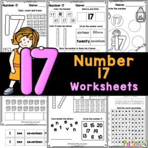 Practice tracing, writing, counting, and numbers words with these FREE printable number 17 worksheets for preschool, pre-k, and kindergarten!
