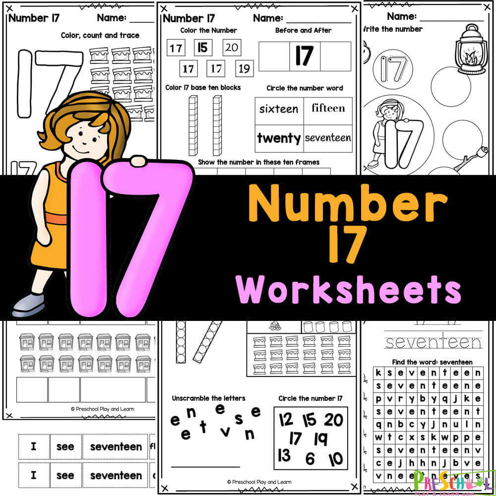 Practice tracing, writing, counting, and numbers words with these FREE printable number 17 worksheets for preschool, pre-k, and kindergarten!