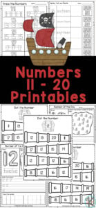 Don’t worry, no plundering necessary to use these counting 11 to 20 worksheets. These pirate worksheets are FREE and super handy to use with preschool, pre-k, and kinderagrten age children. Young children will have fun learning to recognize teen numbers and count while working on their handwriting and fine motor skills. Simply print numbers 11-20 worksheets to practice counting, tracing numbers, number words, and more!