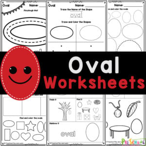 FREE Printable set of 20 oval worksheets to practice tracing shapes and shape recognition with preschool, pre-k, & kindergarten.