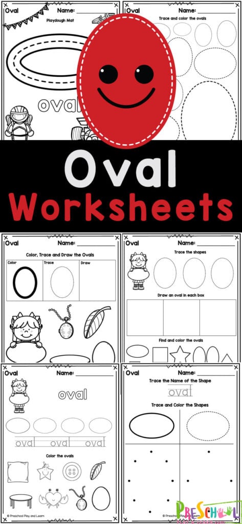 THis set of 20 pages of oval worksheets allows children to practice making shapes, work on shapre recognition, strengthen fine motor skills, trace ovals, nad more! Use these oval shape printables with preschool, pre-k, kindergarten, and first graders to make learning easy and fun!