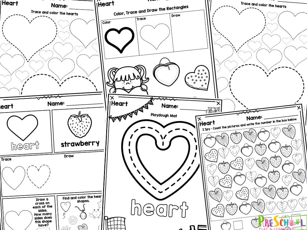 These heart printables are perfect for centers, extra seat work, summer learning, preschool at home, and early math skills.  Using these heart shape worksheet allows students to have fun while creating shapes, learning about real world shape items, create shapes with a variety of different items such as playdough, work on visual discrimination in our square i spy page, and strengthen fine motor skills too! These free heart  pages come in black and white only - to save you on printer ink cost. You can also laminate some of the pages for durability and then your child can use a dry erase marker to do the activities over and over again!