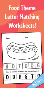 Check out this 10 page pack of cut & paste food themed Theme Letter Matching Worksheets! These free printable alphabet matching worksheets allow preschool, pre-k, and kindergarten age students to practice letter recognition and fine motor skills too. Simply print the pack of ABC matching wokrsheet pages to play and learn!