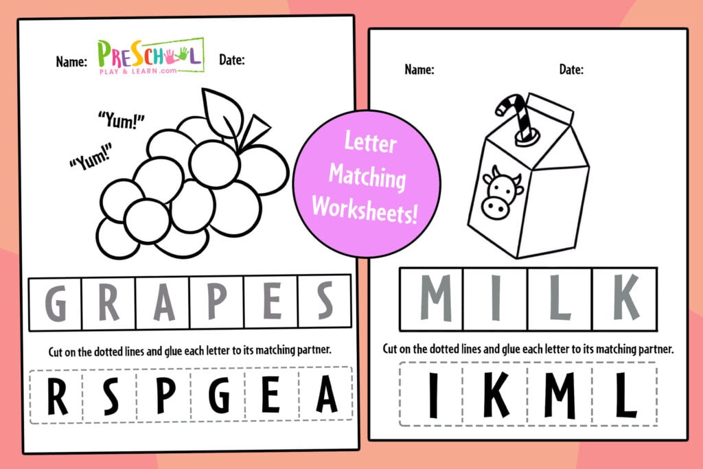Check out this 10 page pack of cut & paste food themed Theme Letter Matching Worksheets! These printables practice ABC alphabet matching to practice letter recognition and fine motor skills too.