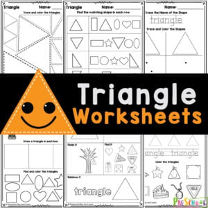 Get these FREE printable triangle worksheets for preschoolers to practice tracing, learning shape names, & more math activities!