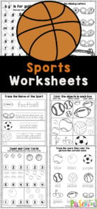 Does your pre-k student love sports? Grab these free printable sports worksheets for preschoolers to work on some fundamental math and literacy skills with a fun sports theme. These sports preschool worksheets include exercises to learn, practicing and reviewing pre-writing skills, alphabet letters, counting, addition, subtraction, writing name, and more!. Simply print the preschool sports themed printables to play and learn with this fun preschool sports theme.