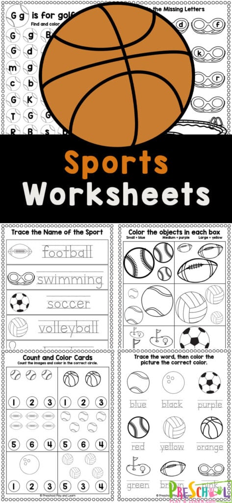 Does your pre-k student love sports? Grab these free printable sports worksheets for preschoolers to work on some fundamental math and literacy skills with a fun sports theme. These sports preschool worksheets include exercises to learn, practicing and reviewing pre-writing skills, alphabet letters, counting, addition, subtraction, writing name, and more!. Simply print the preschool sports themed printables to play and learn with this fun preschool sports theme.