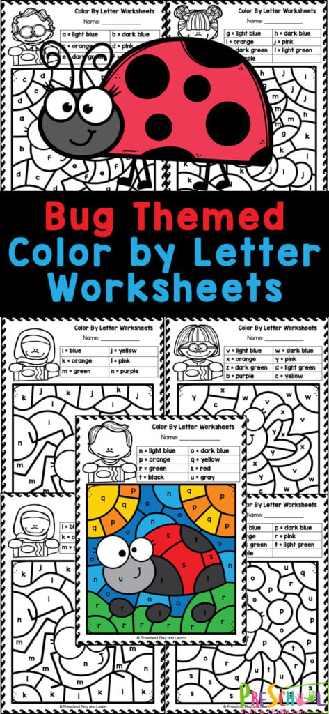 Young children will enjoy working on letter recognition and strengthening fine motor skills with these color by letter printables! These free colour by letter worksheets allow children to practice alphabet recognition while having fun revealing insects with  color by code worksheets.  Use these letter recognition worksheets with preschool, pre-k, kindergarten, and first grade students!
