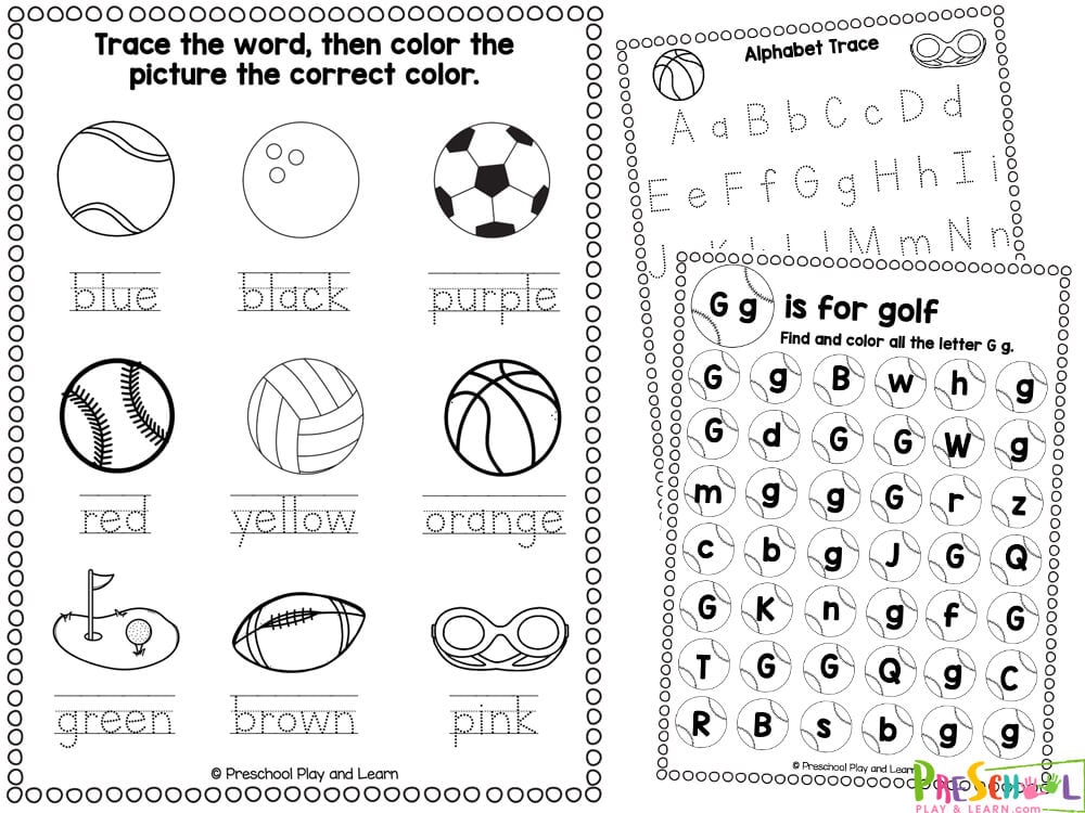 Trace the color word, then color in the picture that color Comparing activities for preschoolers - color in the small, medium, and large sports equipment using the key provided Baseball preschool addition Basketball Preschool Subtraction Draw a picture of you playing your favorite sport