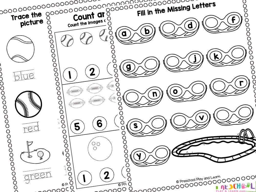 This no-prep pack contains twenty-two pages of activities for children to complete.  The activities include: Trace the lines - pre-writing exercises matching the bat to baseball, basketball to hoop, bowling ball to pin, and putter to golf ball Cut the lines - use scissors to work on coordination cutting while helping the student athlete complete their pass or goal Trace the letters of the alphabet Pool themed Fill in the missing letters of the alphabet Trace the names of the sports - baseball, basketball, ice hockey, tennis, golf, football, swimming, soccer, volleyball, bowling Find and letter - Baseball themed color or dab all the letters on each of the pages