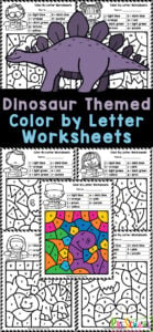 Dinosaurs are always a fun theme with kids! Find the letter to color by code to bring prehistoric dinos to life with these dinosaur colro by letter worksheets. These free printable color by code worksheets help children work on letter recognition and strengthening fine motor skills! These free colour by letter worksheets allow children to practice alphabet recognition while having fun revealing insects with  color by code worksheets.  Use these letter recognition worksheets with preschool, pre-k, kindergarten, and first grade students!