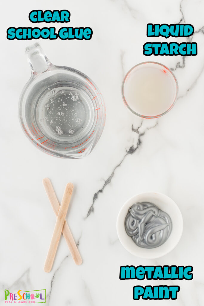 All you need to whip up a batch of this paint slime are a few simple materials:

clear school glue
metallic paint
liquid starch