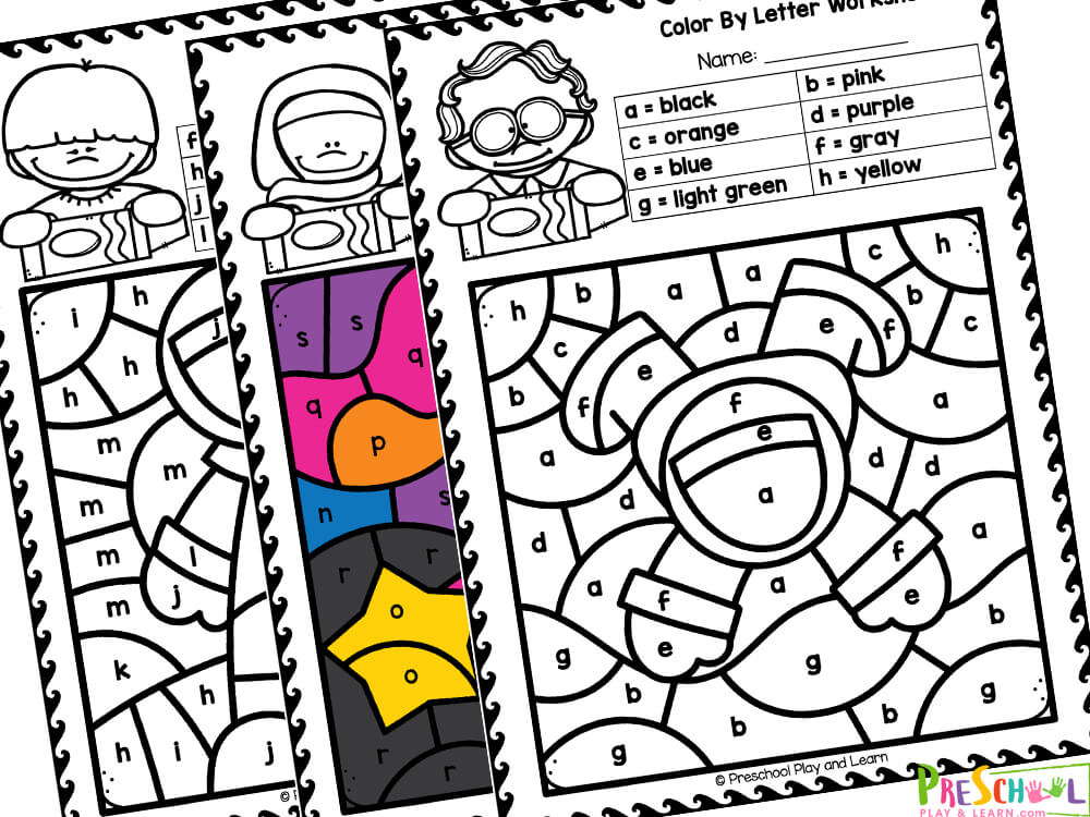 Get your preschoolers excited about space with these free printable color by letter worksheets.
