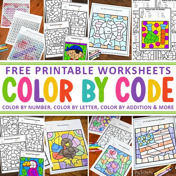 100+ FREE Printable Color by Code Worksheets (Number, Addition, Letter, Sight Word)