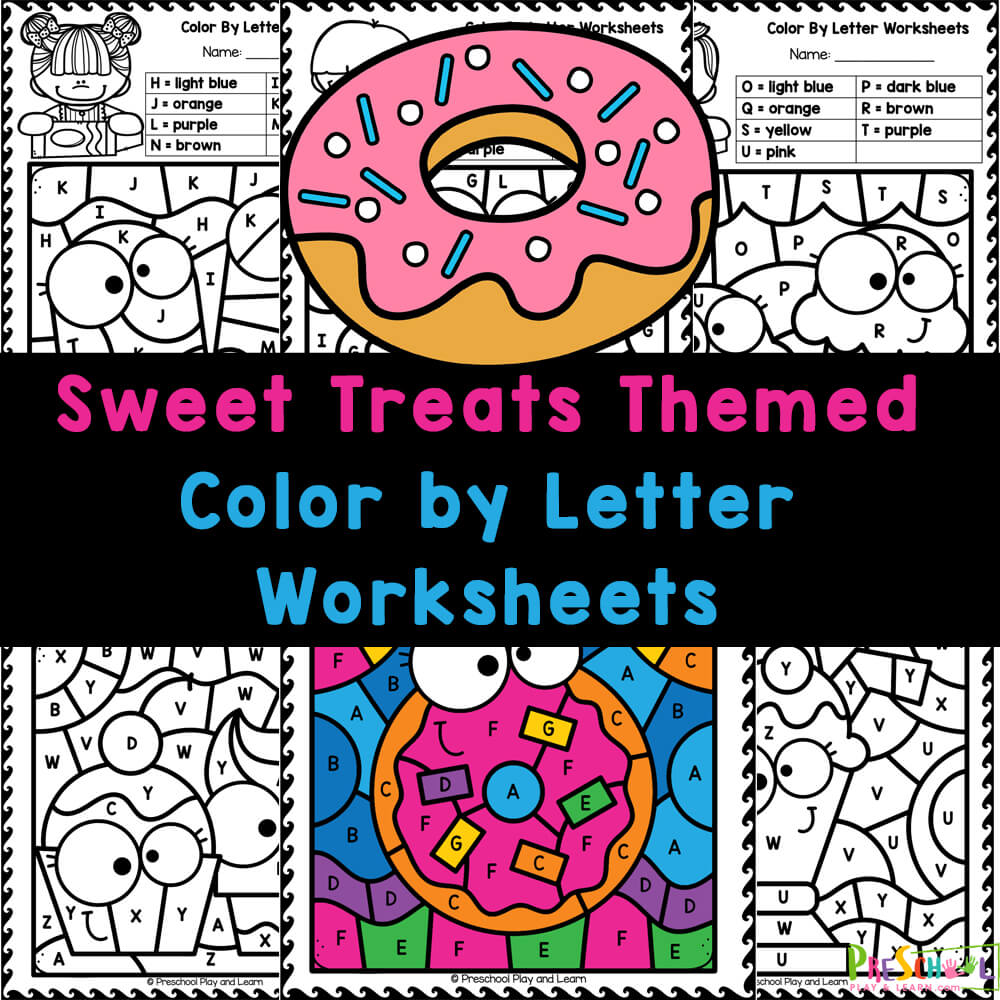 Get FREE printable color by letter worksheets for preschool and kindergarten students to learn the alphabet while exploring delicious treats!