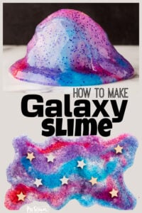 Looking for a fun way to keep your kids entertained? Check out this super cool galaxy slime! This mesmerizing homemade slime recipe is sure to captivate preschoolers imagination for hours. The unique texture  of this diy slime recipe combined with the vibrant colors that resemble the breathtaking beauty of outer space make it a fun space activity for kids of all ages. Let me show you how to make galaxy slime and you can get started playing and learning!