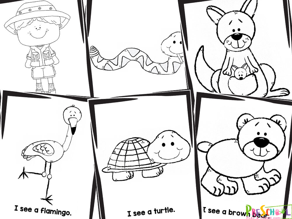 There are eighteen pages in this pack of free printable zoo coloring pages. Each page includes an image that is to be colored in. The themes for each page are:

a zoo sign
zoo keeper
brown bear
elephant
panther
flamingo
giraffe
hippo
kangaroo
leopard
lion
monkey
penguin
polar bear
snake
tiger
turtle
zebra