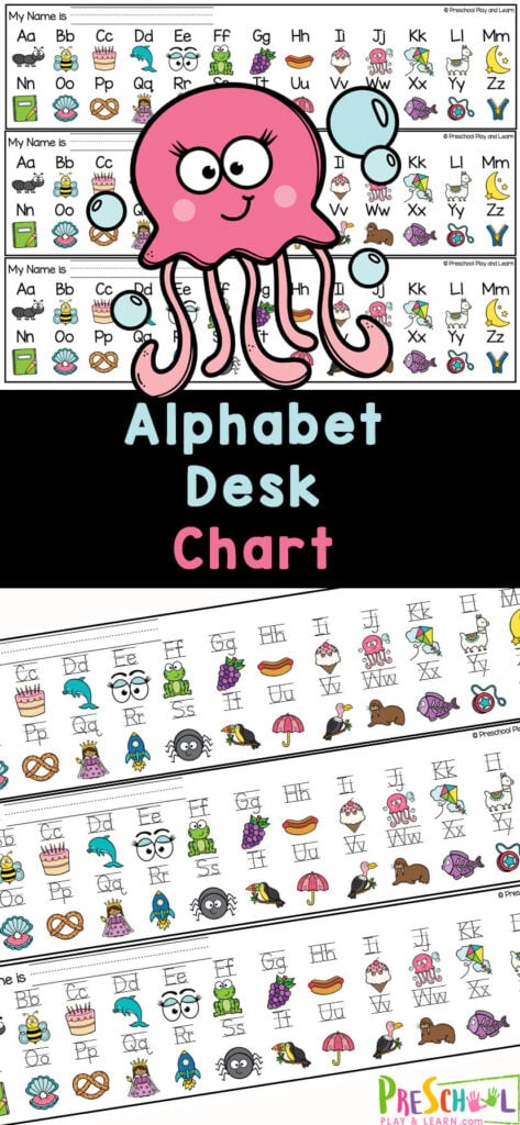 This fun alphabet desk chart is a wonderful handy visual alphabet reference for your students. Having the free alphabet chart close by, especially when working on their handwriting and letter formation, allows preschool, pre-k, kindergarten, and first graders to take a quick glance before proceeding. These simple alphabet line printable are great for children who are learning the order of the letters of the alphabet. Simply print abc desk chart strip printable and you are ready to learn your letters from A to Z.