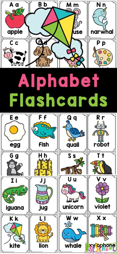 Young kids will love learning to recognize the letters of the alphabet with this set of fun and free Alphabet Flash cards printable. These alphabet flashcards are aimed at children in preschool, pre-k,  kindergarten and first grade. These letter flashcards are low-prep and help to ensure children are visually engaged while learning the uppercase and lowercase letters of the alphabet. Simply grab these free printables abc flash cards and you will have a fun alphabet activity for your kids.
