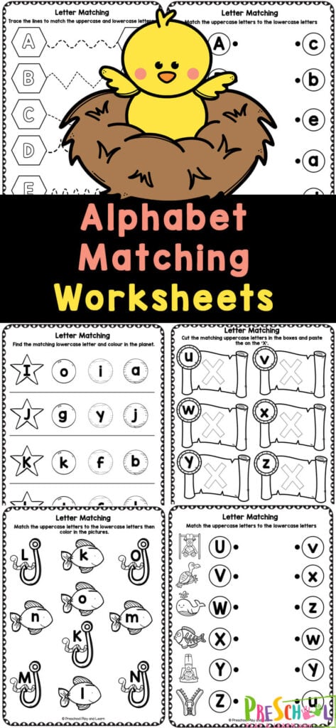 Young children learn better when they are having fun! These alphabet matching worksheets are  super cute free preschool worksheets to help students work on matching upper and lowercase letters. With these alphabet matching worksheets for pre-k, students will be working on having fun at school while learning the letters of the alphabet. Simply print the abc matching worksheet set and you are ready to play and learn with preschoolers and kindergartners!