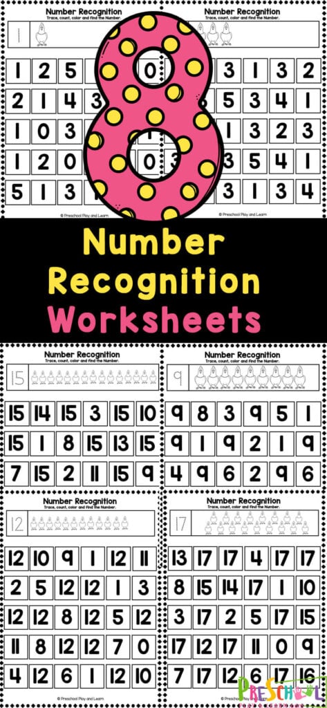 Work on their fine motor skills while practicing recognizing numbers with these number recognition worksheets. These free printable number recognition activities for preschool include pages to practice identifying numbers 1-10 . Simply print the number recognition worksheets for preschoolers and you are ready to play and learn with no-prep math worksheets!