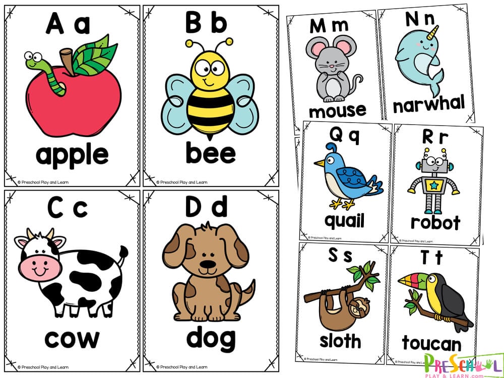 In this pack is one card for each letter of the alphabet. There are four cards on a letter page, which will need to be cut out and laminated for durability.  Each card contains the uppercase and lowercase letters of the alphabet, a picture that begins with that letter and the name of the picture. The pictures include: apple, bee, cow, dog, egg, fish, gorilla, hay, iguana, jug, kite, lion, mouse, narwhal, owl, paint, quail, robot, sloth, toucan, unicorn, violet, whale, xylophone, yarn and zinnia.